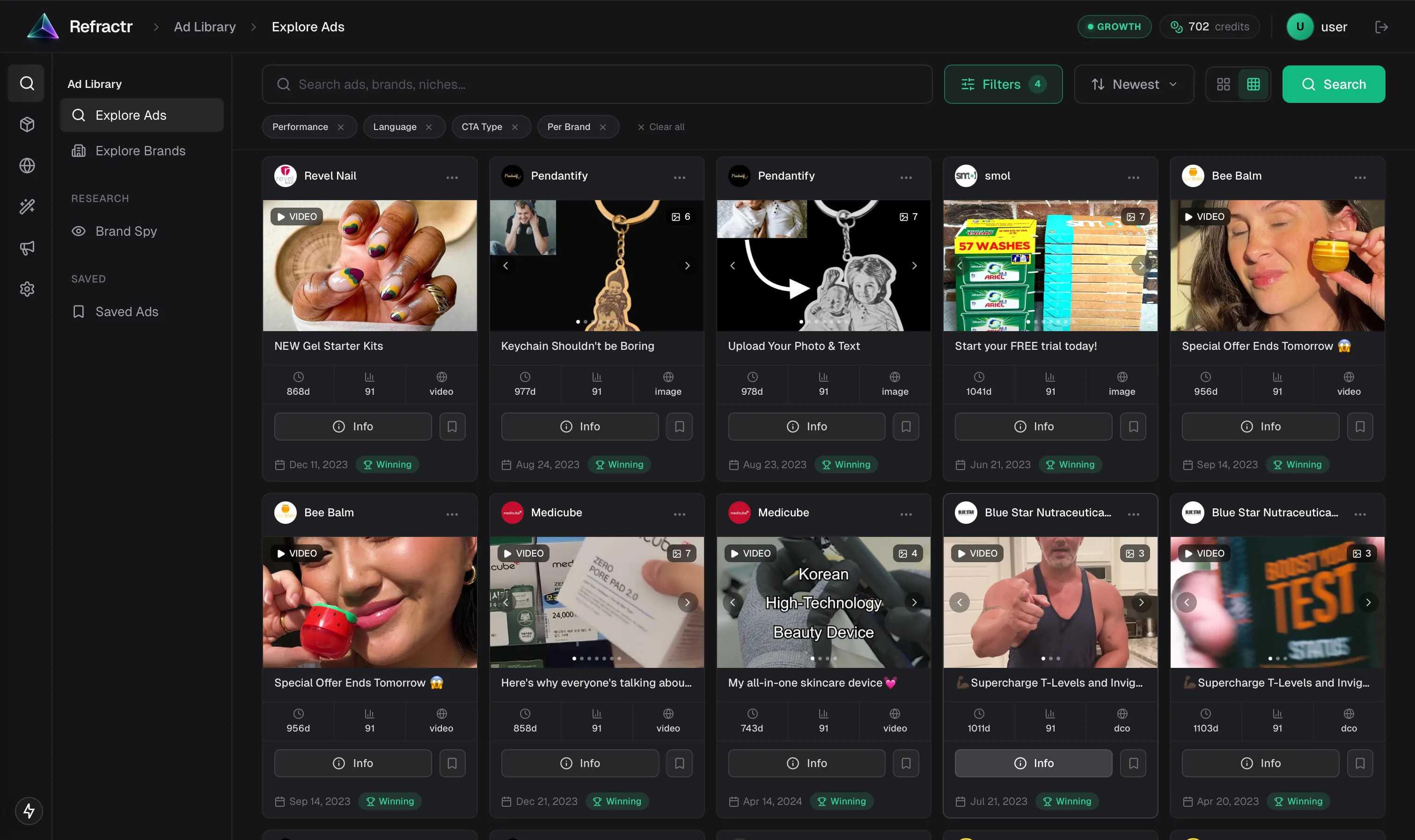 Ad Library overview screen with filters and ad grid