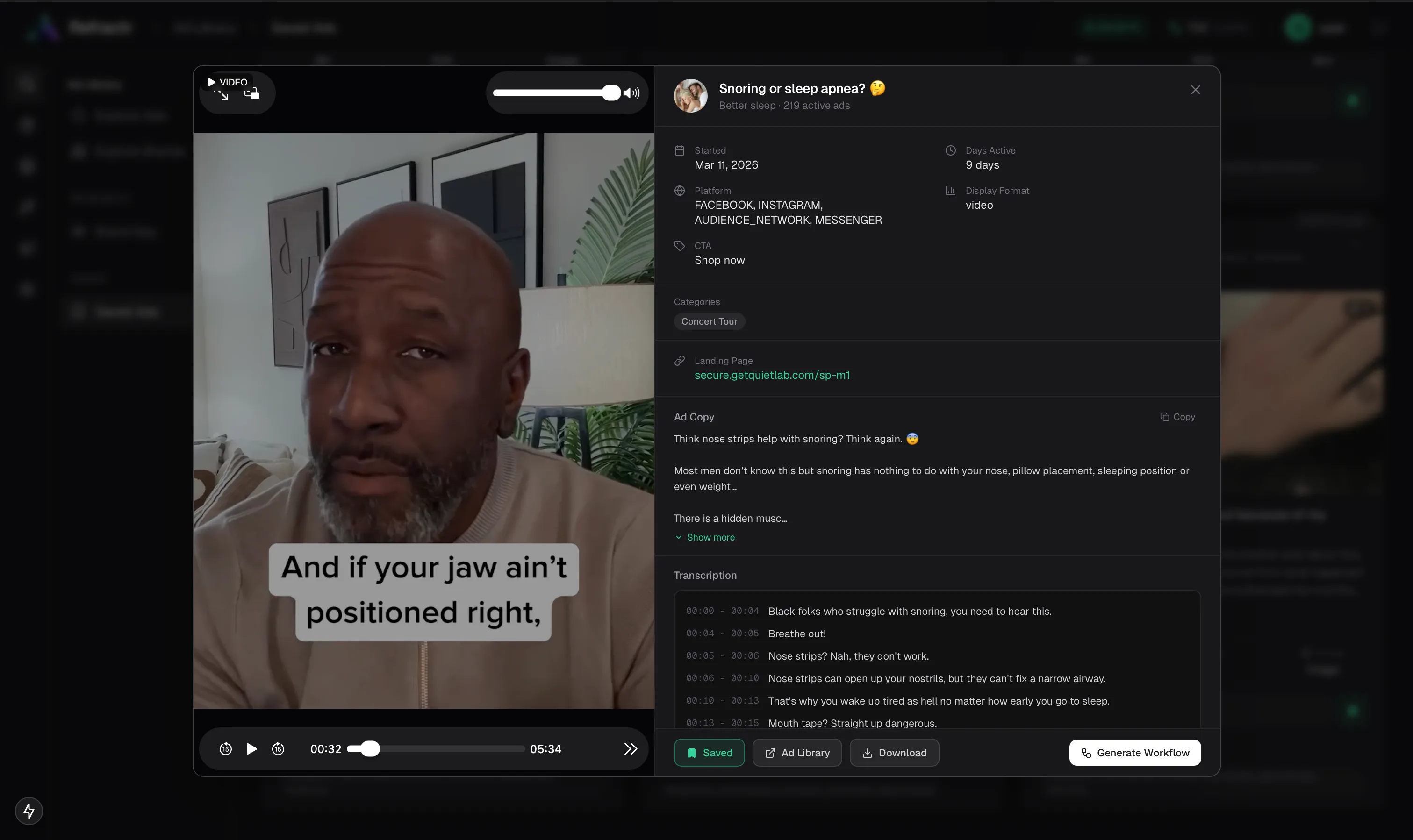 Ad detail panel showing transcript, demographics and save actions