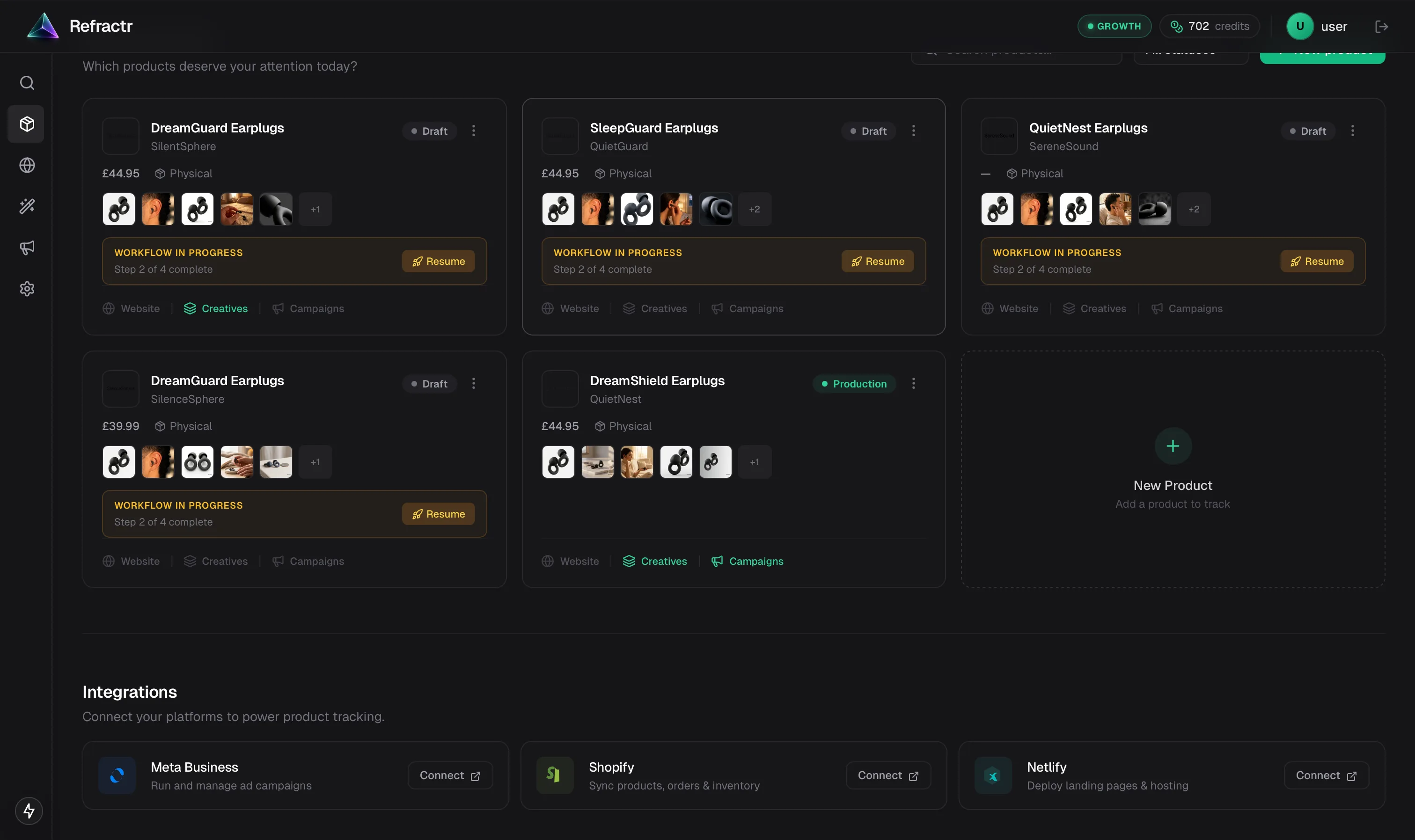 Product workspace overview with linked websites, campaigns and creatives
