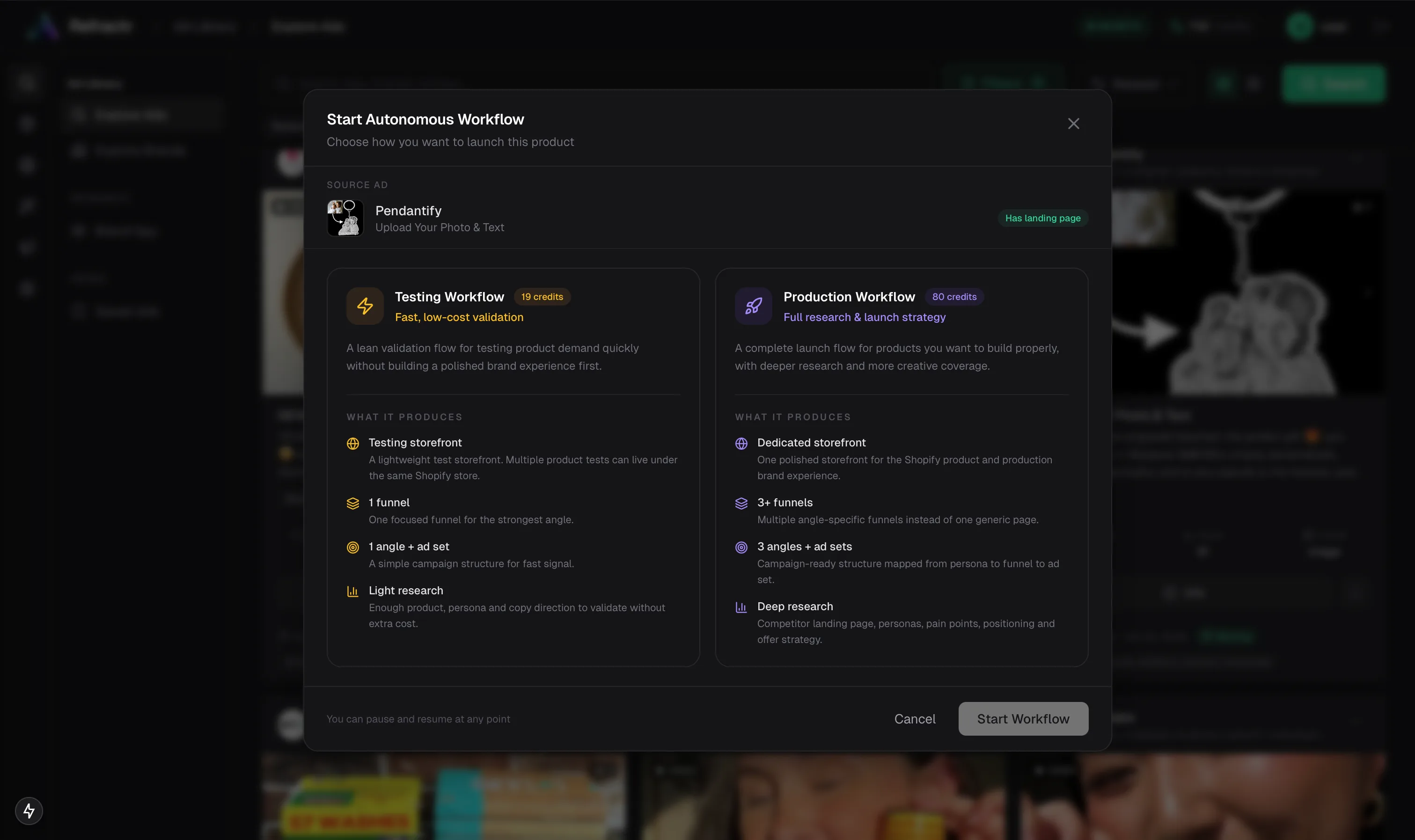 Refractr AI orchestration workflow connecting website, funnel, creative and ad set outputs