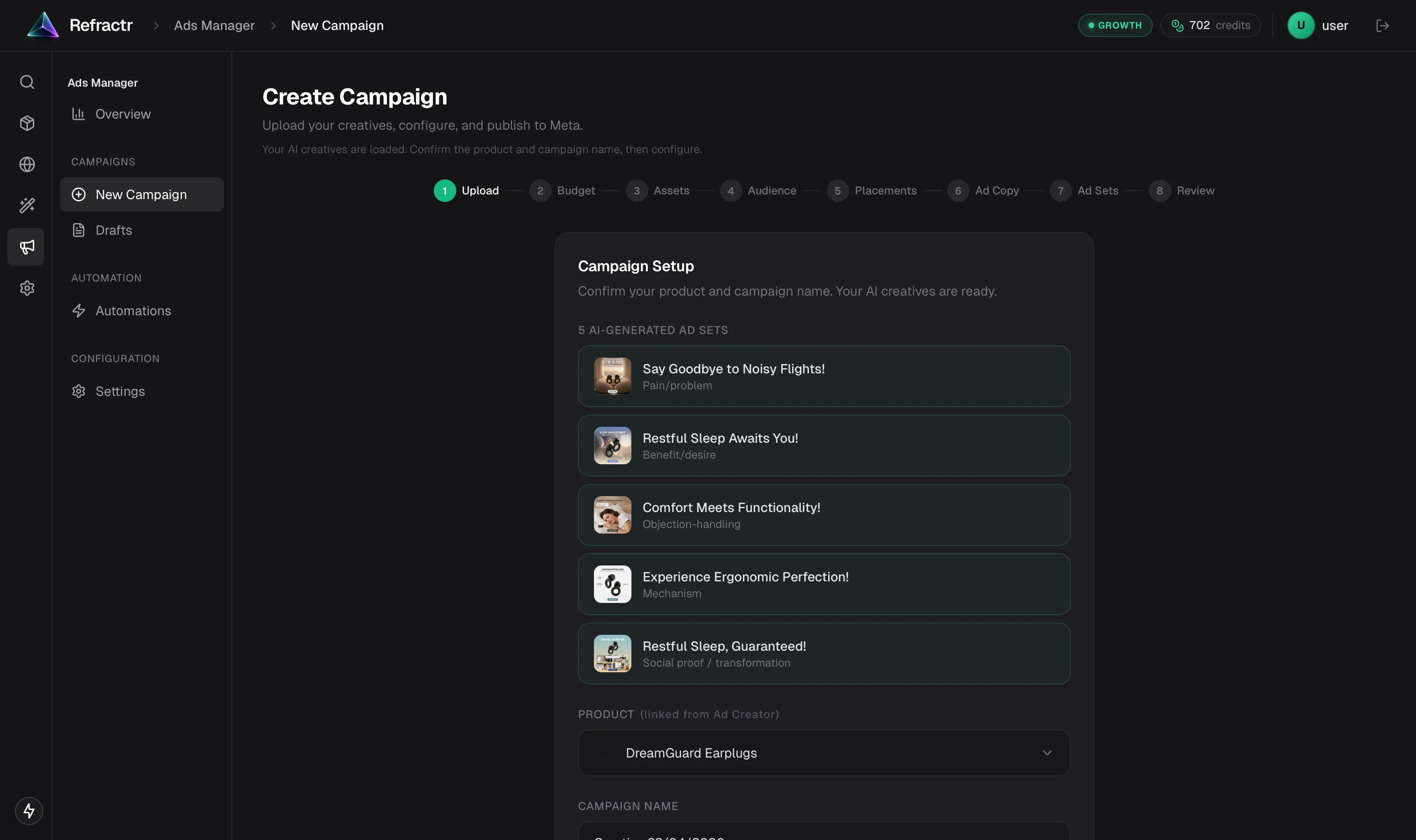 Ad Manager campaign wizard step with objective and budget