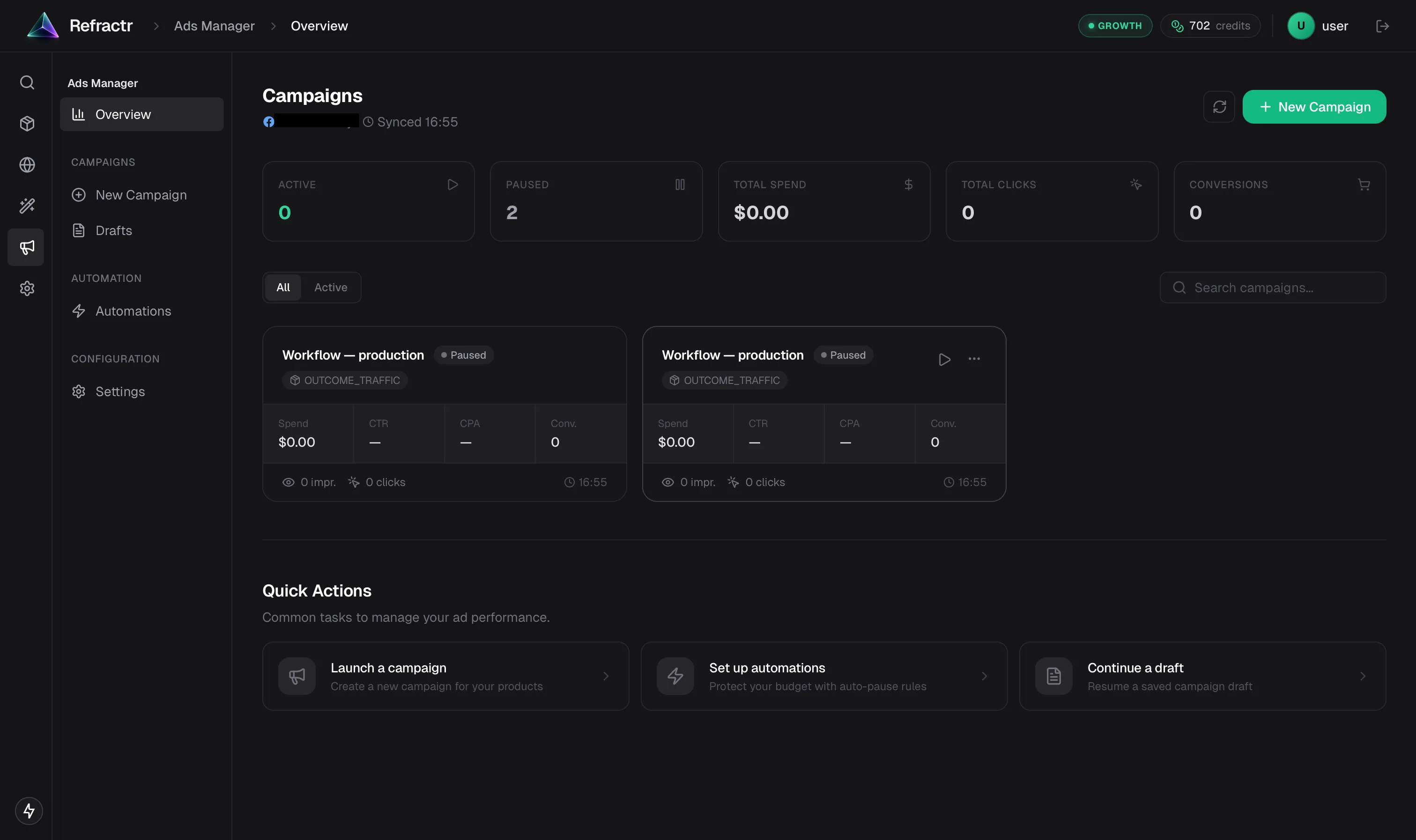 Live campaign dashboard with spend metrics and quick actions